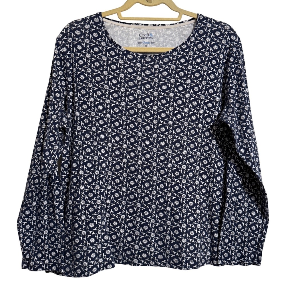 croft & barrow Navy and White Long Sleeve Printed Tee